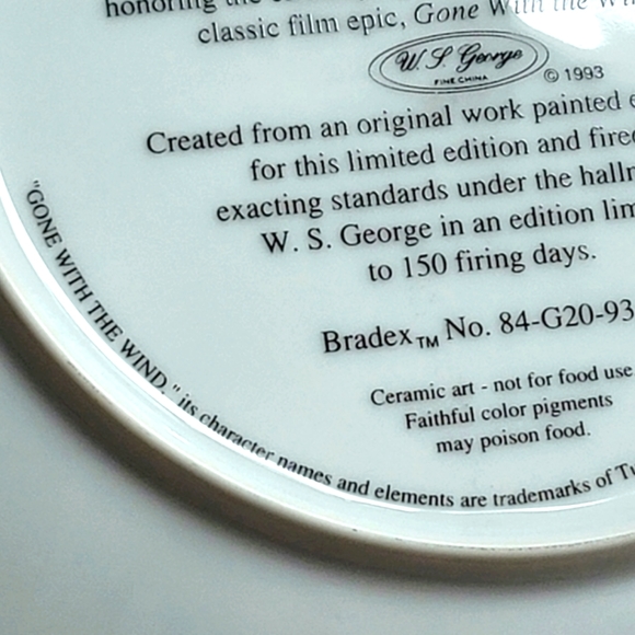 Rare W. S. George Gone With The Wind Collectable Plate 1993 Limited Edition - Picture 5 of 6